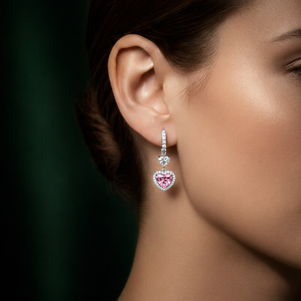 Angelica Halo Pink Heart Drop Lab Diamond Earrings ( 3.6 ct tw * 2 ) 18K Gold