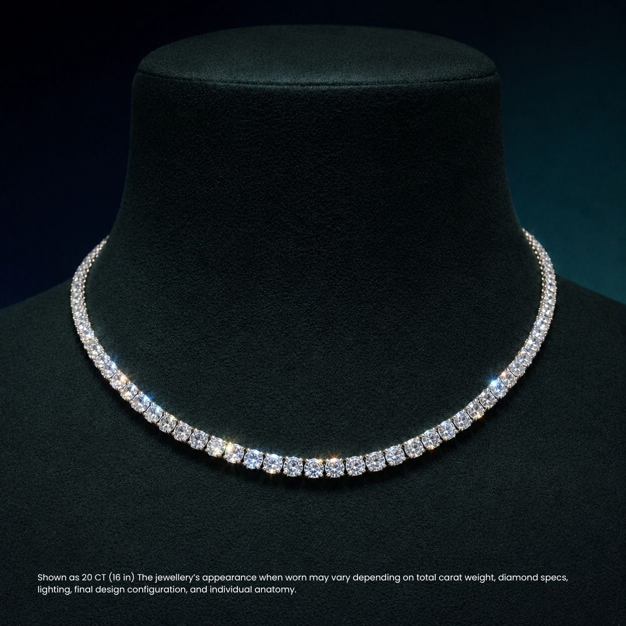 Diamond tennis necklace on a emerald-green mannequin with a dark , ecomposer-metal type-white-gold-18k, ecomposer-metal type-yellow-gold-18k, ecomposer-metal type-rose-gold-18kbackground
