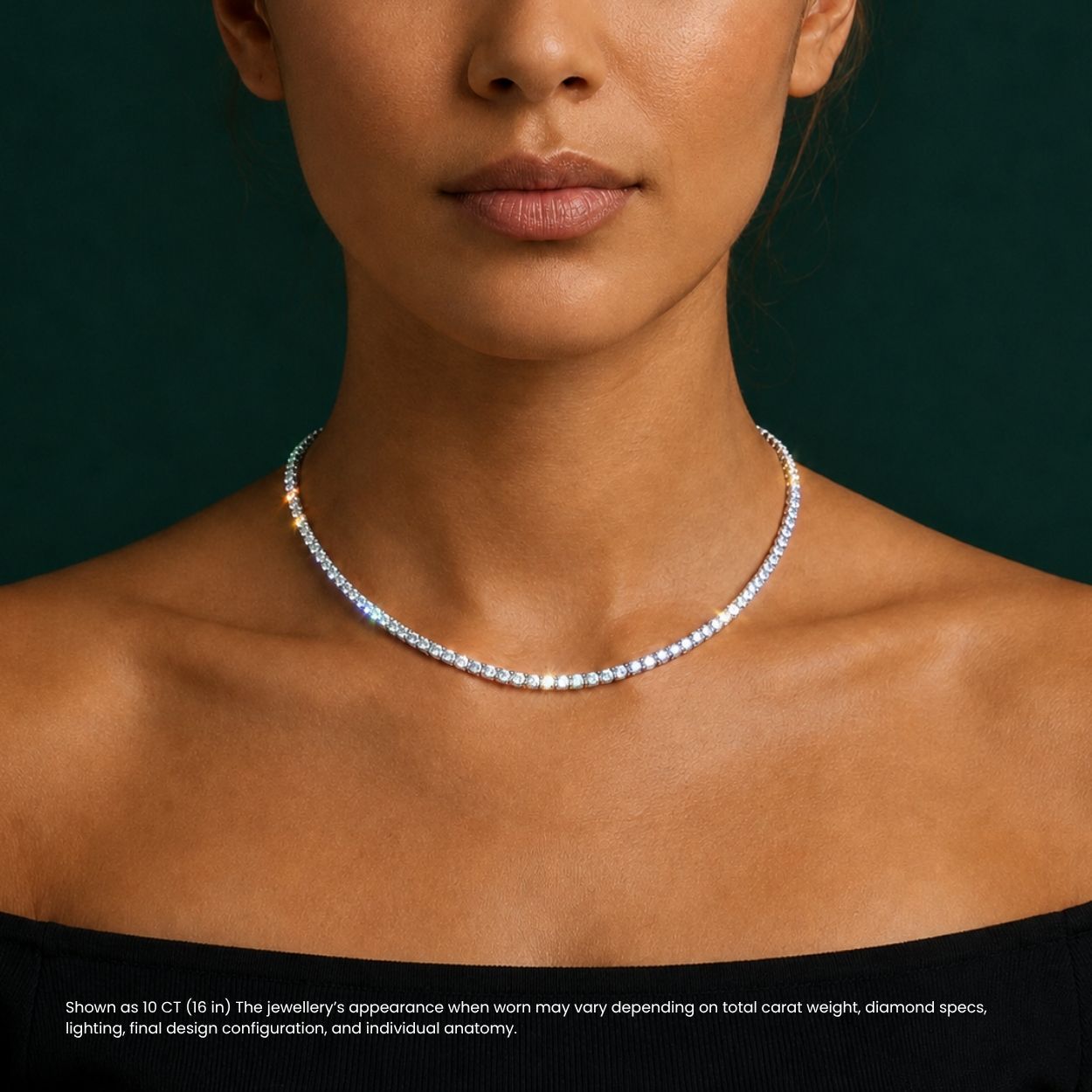 Woman wearing a diamond tennis necklace against a dark green background, ecomposer-metal type-white-gold-18k, ecomposer-metal type-yellow-gold-18k, ecomposer-metal type-rose-gold-18k