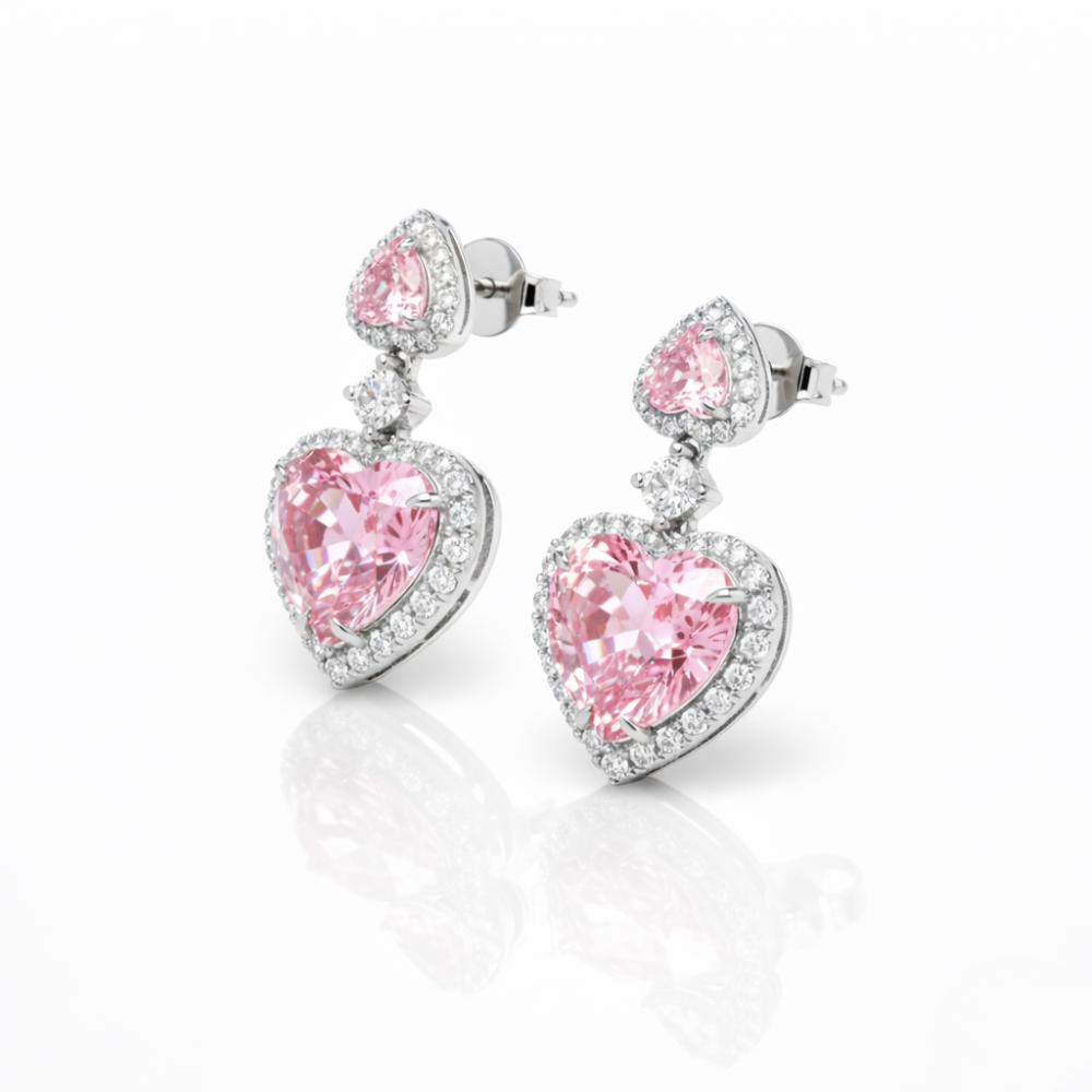 Gracia Halo Pink Heart Drop Lab Diamond Earrings ( 3.5 ct tw * 2 ) 18K Gold