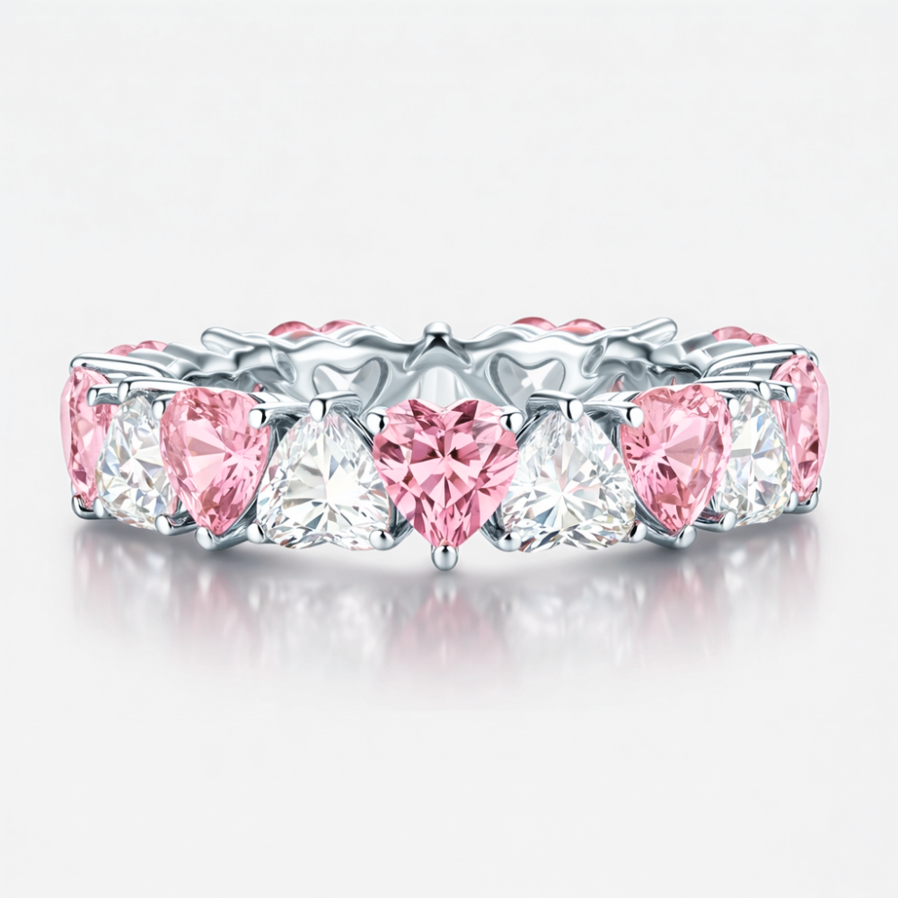 North-South Alternating  Pink and White Heart Eternity Lab Grown Diamond Eternity  Band Ring 18K Gold