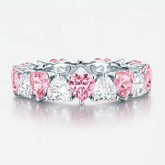 North-South Alternating  Pink and White Heart Eternity Lab Grown Diamond Eternity  Band Ring 18K Gold