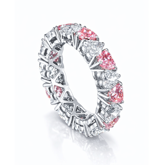 North-South Alternating Fancy Pink and White Heart Eternity Lab Grown Diamond Eternity  Band Ring 18K Gold
