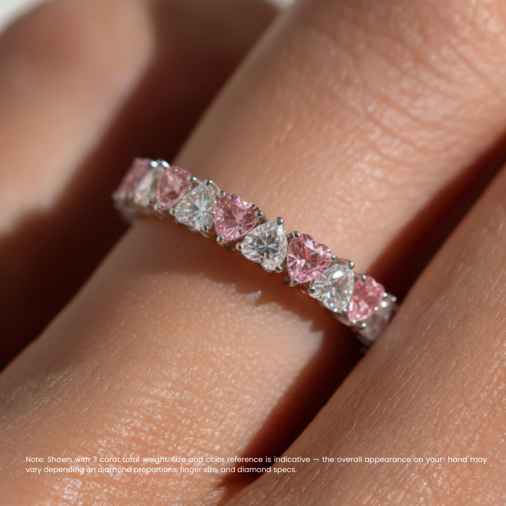 North-South Alternating  Pink and White Heart Eternity Lab Grown Diamond Eternity  Band Ring 18K Gold