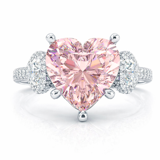 Trilogy Pave Fancy Pink Heart Lab Diamond Ring (Heart Side Diamonds) in White Gold 18K