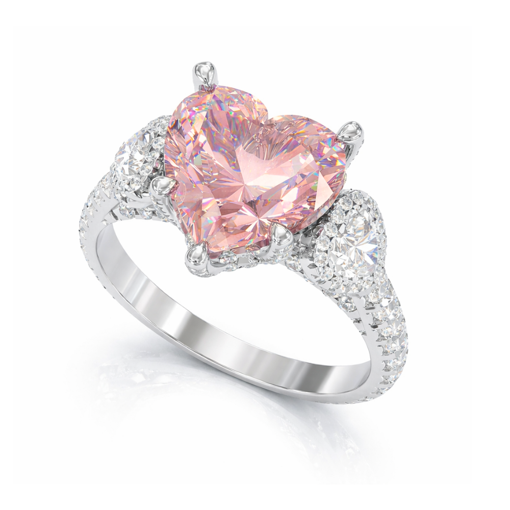 Trilogy Pave Fancy Pink Heart Lab Diamond Ring (Heart Side Diamonds) in White Gold 18K