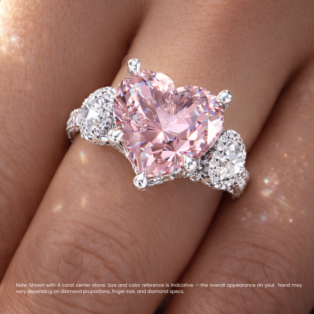 Trilogy Pave Fancy Pink Heart Lab Diamond Ring (Heart Side Diamonds) in White Gold 18K