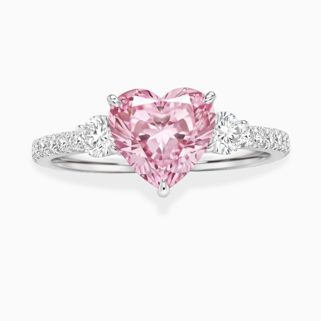 Trilogy Fancy Pink Heart Lab Diamond Ring (Round Side Diamonds) on Pave Band in White Gold 18K
