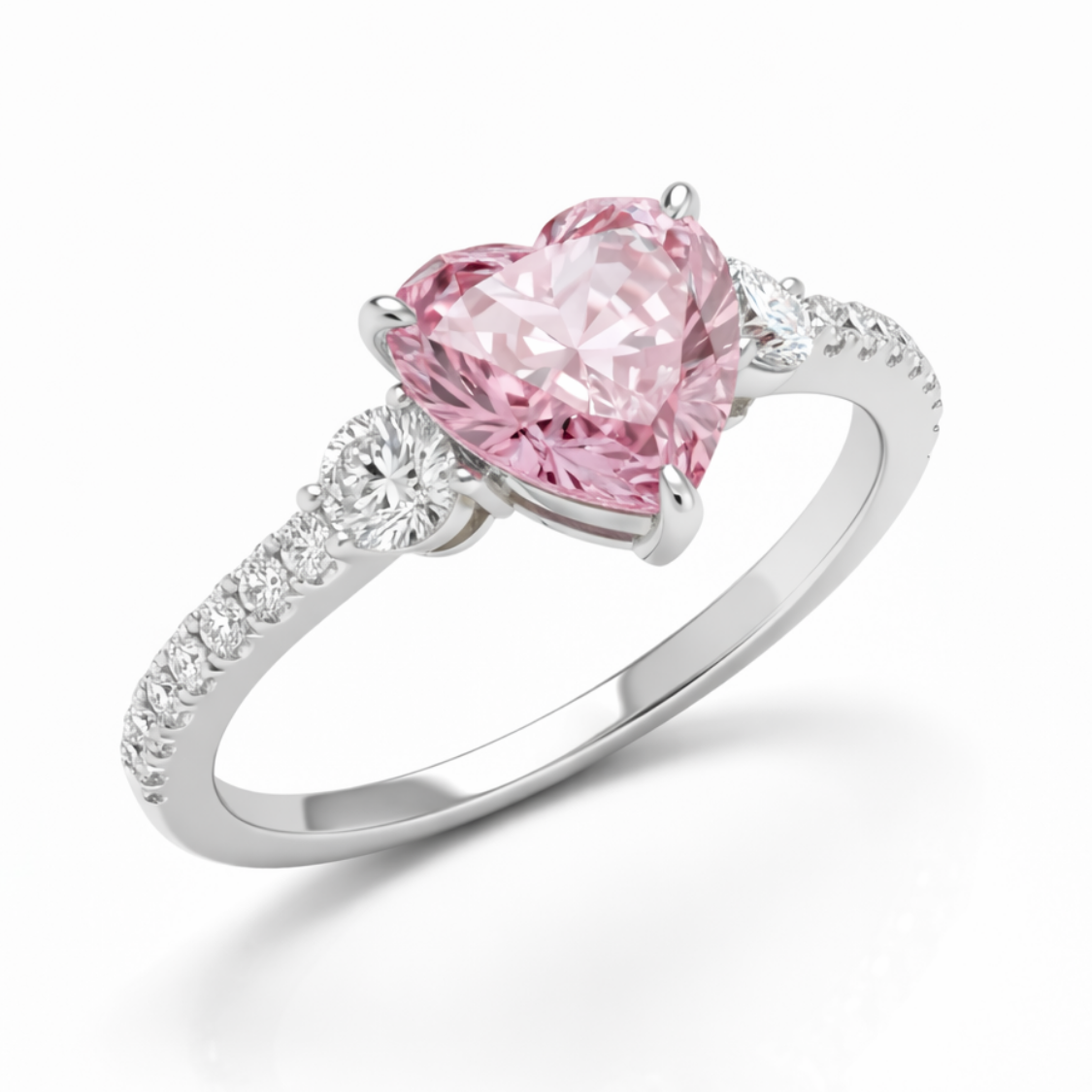 Trilogy Fancy Pink Heart Lab Diamond Ring (Round Side Diamonds) on Pave Band in White Gold 18K