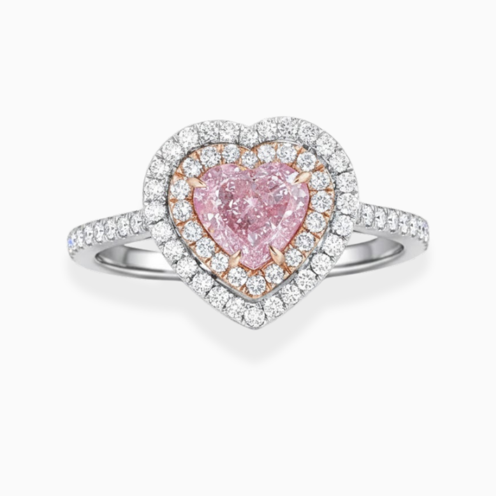 Double Halo Pave Pink Heart Lab Diamond Ring in White and Rose Gold 18K