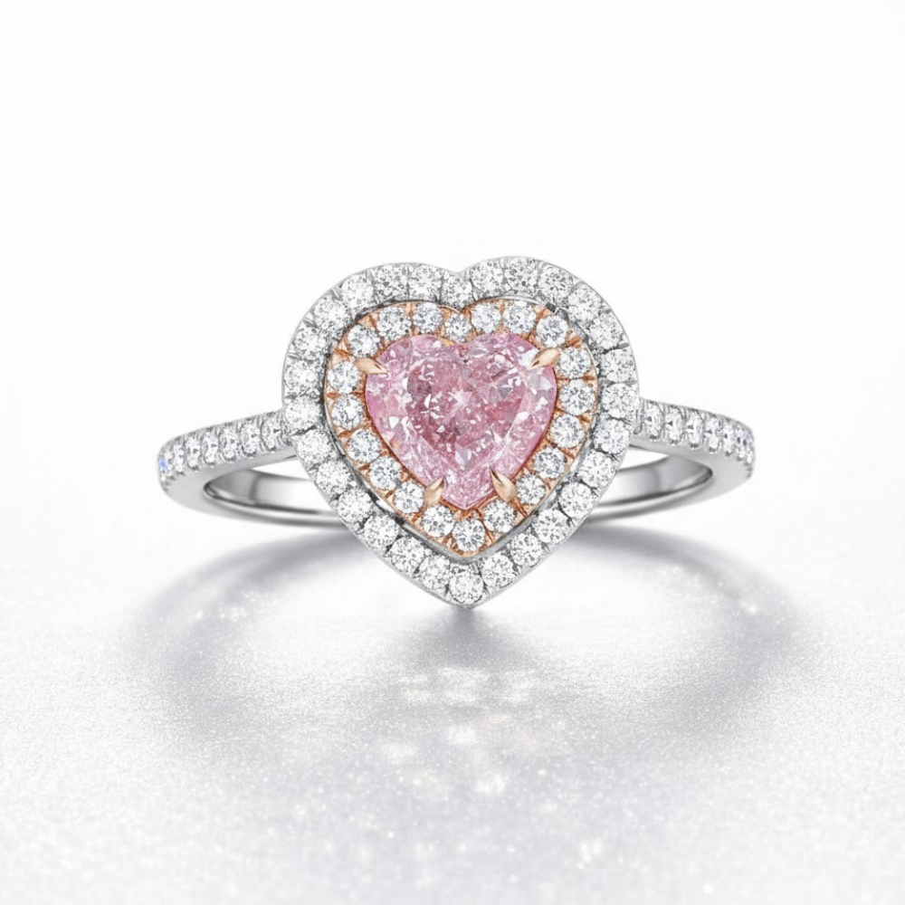 Double Halo Pave Pink Heart Lab Diamond Ring in White and Rose Gold 18K