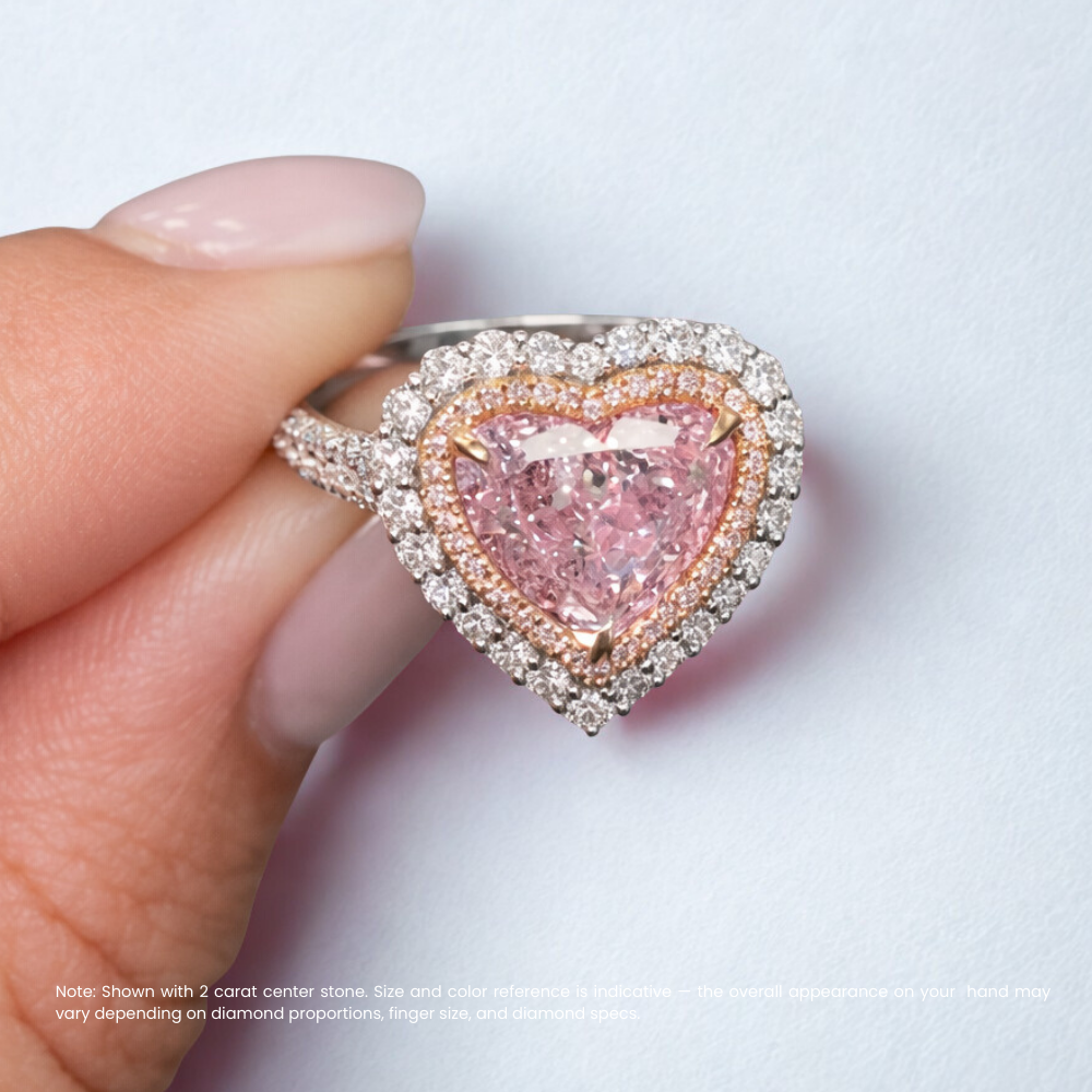 Double Halo Pave Pink Heart Lab Diamond Ring in White and Rose Gold 18K