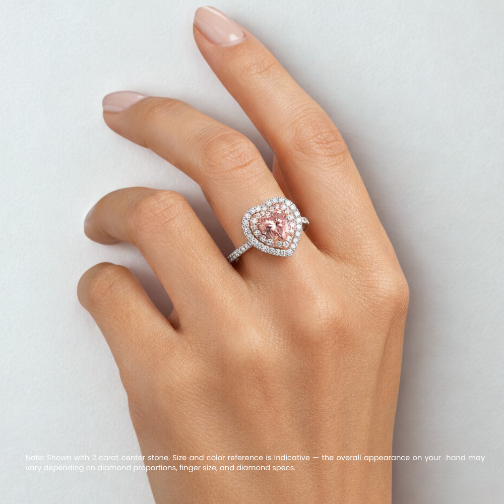 Double Halo Pave Pink Heart Lab Diamond Ring in White and Rose Gold 18K