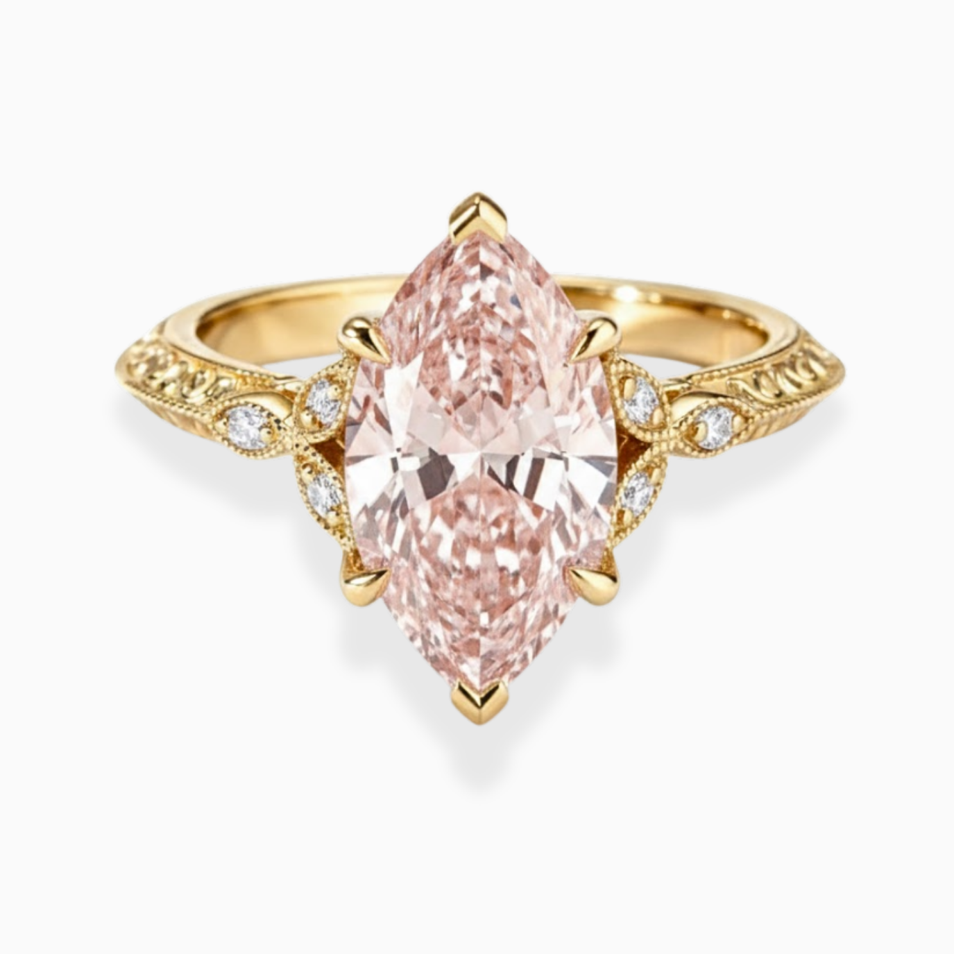 Therese Accents Fancy Pink Marquise Lab Diamond Ring (Marquise Side Diamonds) on a Vintage Band in Yellow Gold 18K