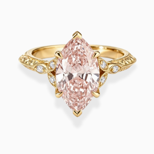 Therese Accents Fancy Pink Marquise Lab Diamond Ring (Marquise Side Diamonds) on a Vintage Band in Yellow Gold 18K