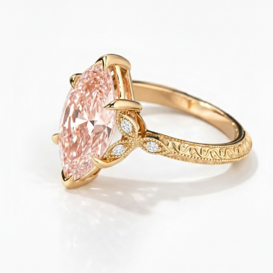Therese Accents Fancy Pink Marquise Lab Diamond Ring (Marquise Side Diamonds) on a Vintage Band in Yellow Gold 18K