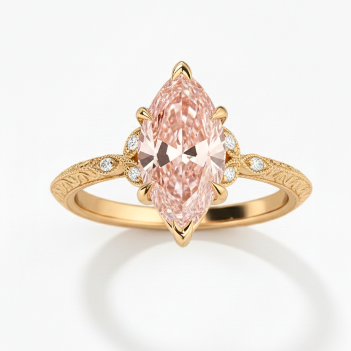 Therese Accents Fancy Pink Marquise Lab Diamond Ring (Marquise Side Diamonds) on a Vintage Band in Yellow Gold 18K