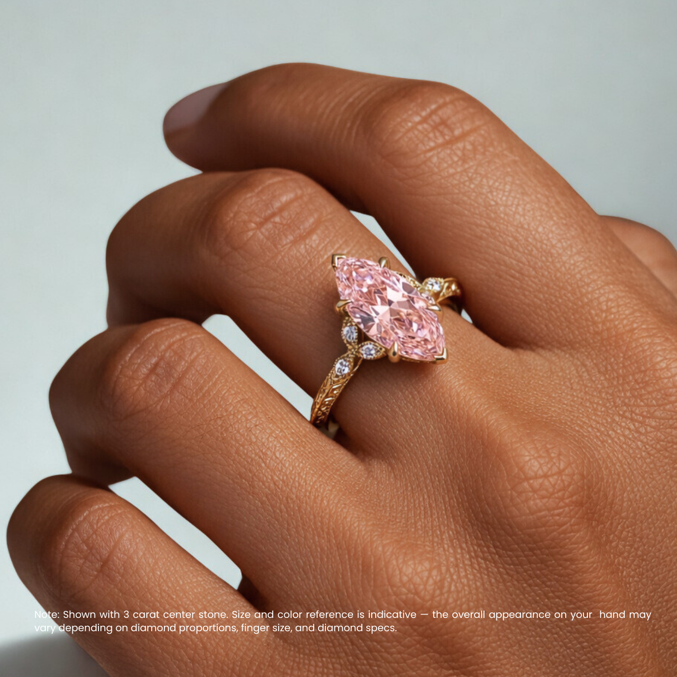Therese Accents Fancy Pink Marquise Lab Diamond Ring (Marquise Side Diamonds) on a Vintage Band in Yellow Gold 18K