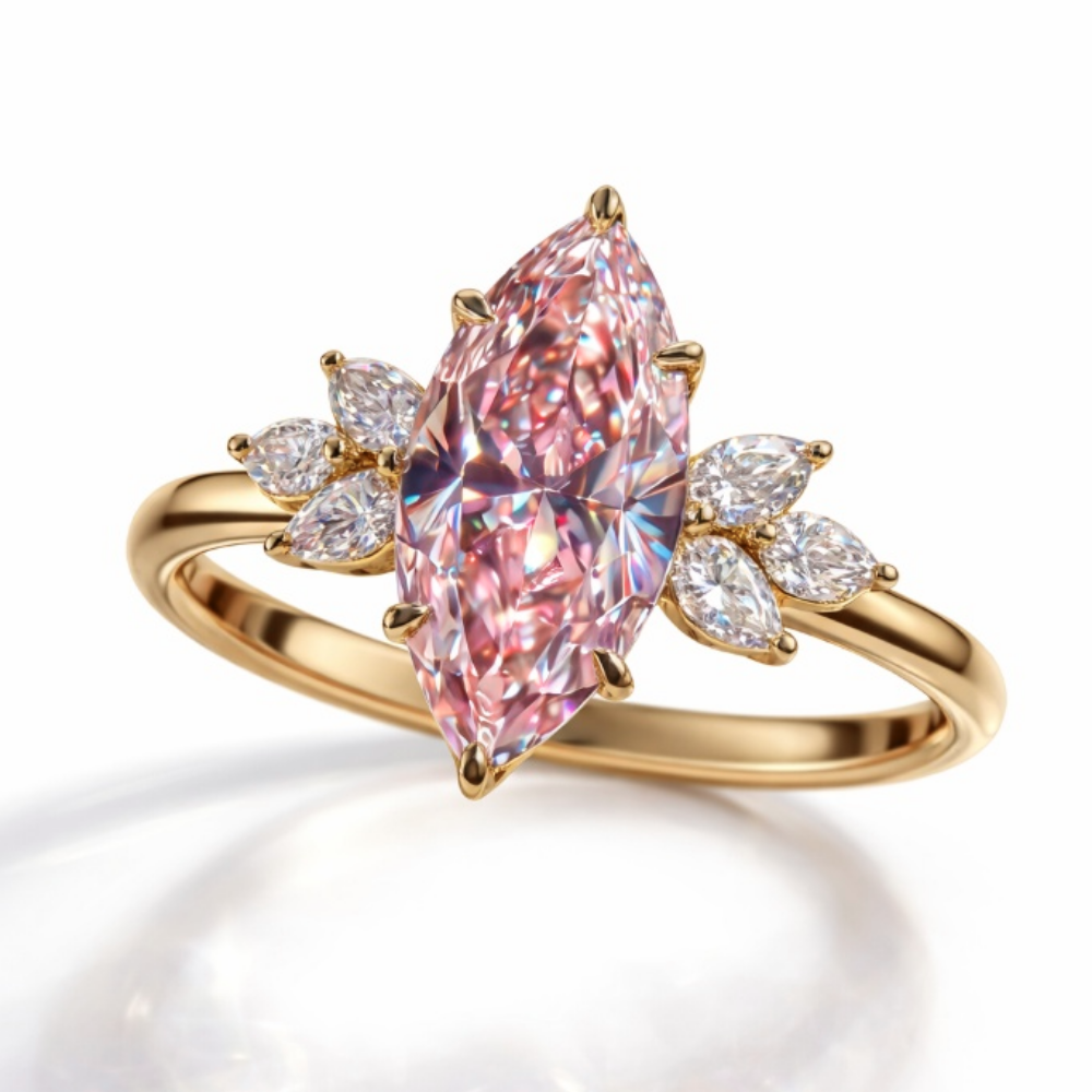 Maryline Accents Fancy Pink Marquise Lab Diamond Ring (Pear & Marquise Side Diamonds)  in Yellow Gold 18K