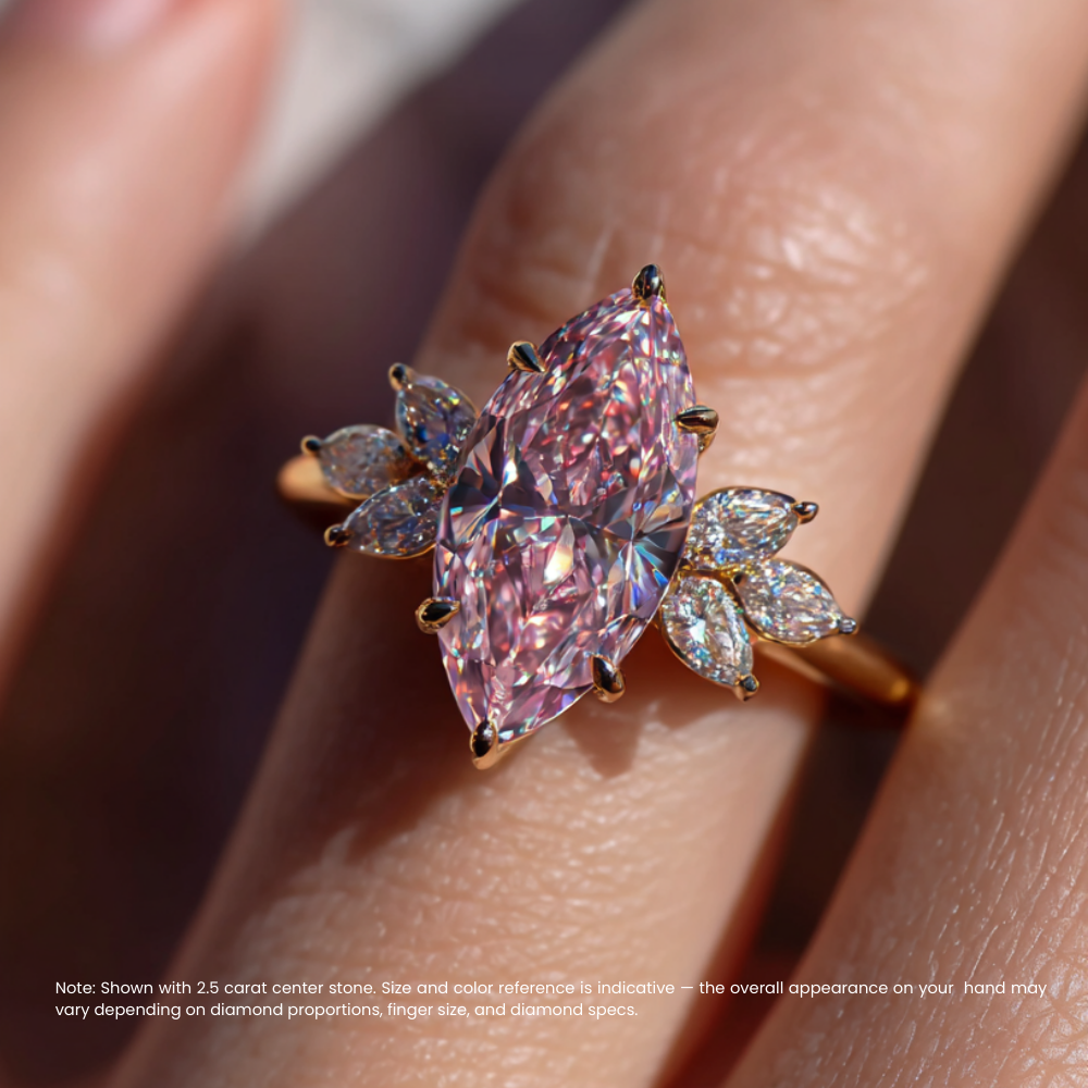 Maryline Accents Fancy Pink Marquise Lab Diamond Ring (Pear & Marquise Side Diamonds)  in Yellow Gold 18K