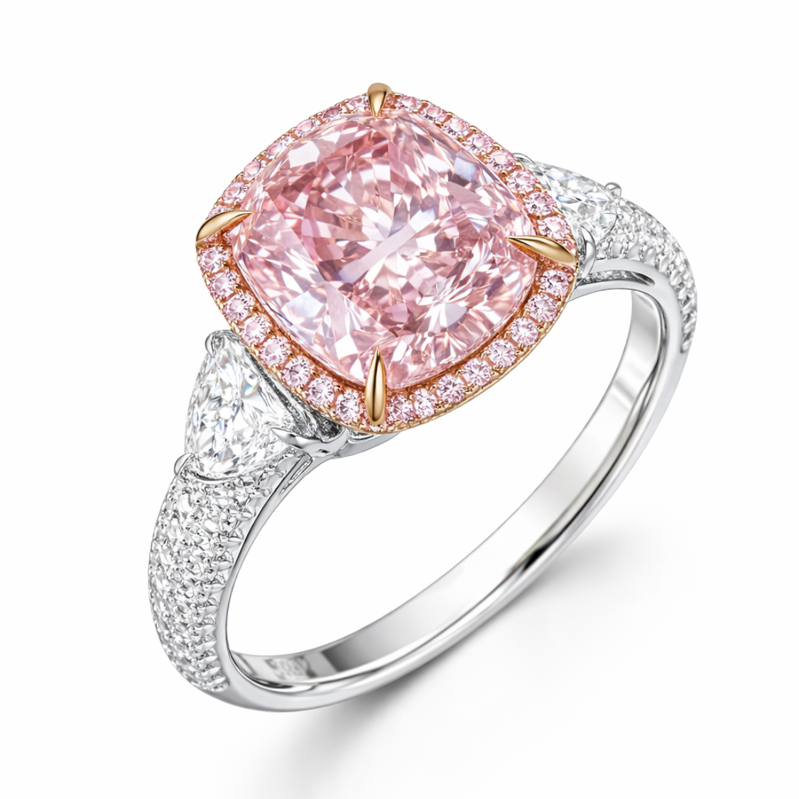 Stephania Trilogy Halo 3-sided Pave Fancy Pink Cushion Lab Diamond Ring in White Gold 18K