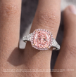 Stephania Trilogy Halo 3-sided Pave Fancy Pink Cushion Lab Diamond Ring in White Gold 18K