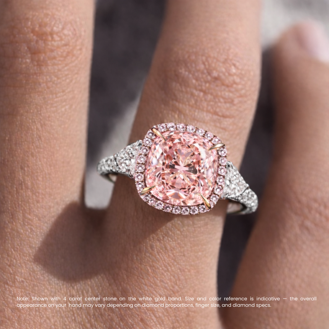 Stephania Trilogy Halo 3-sided Pave Fancy Pink Cushion Lab Diamond Ring in White Gold 18K