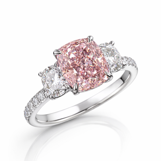 Trilogy Pave Fancy Pink Cushion (Oval Sides) Lab Diamond Ring in White Gold 18K