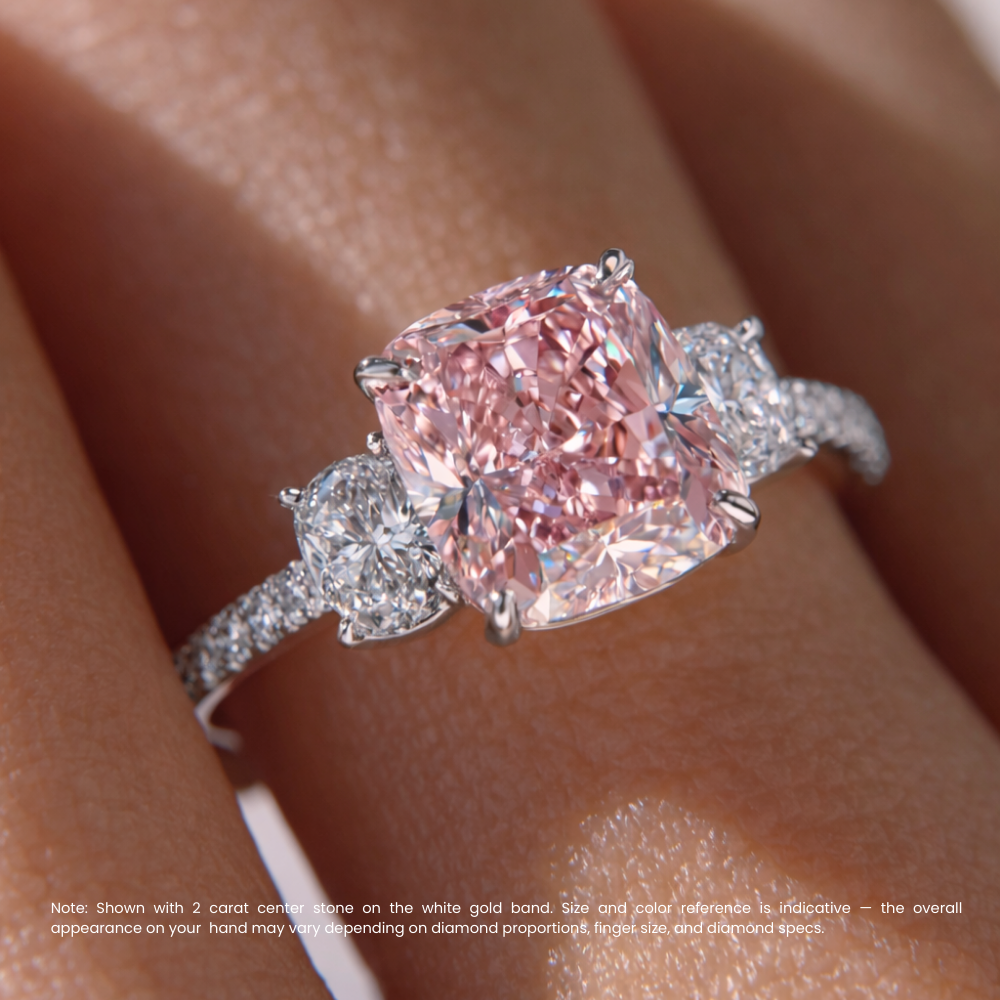 Trilogy Pave Fancy Pink Cushion (Oval Sides) Lab Diamond Ring in White Gold 18K