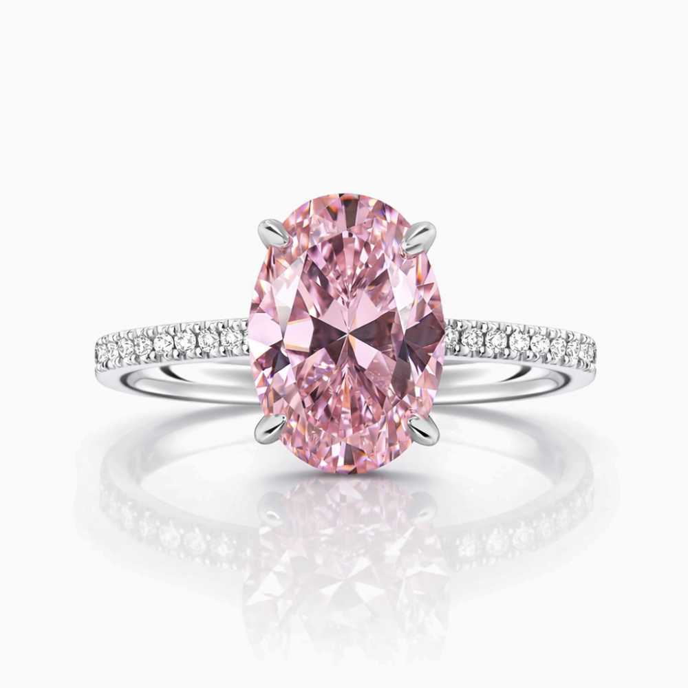 Pave Fancy Pink Oval Lab Diamond Ring in White Gold 18K