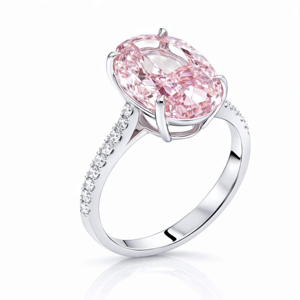 Pave Fancy Pink Oval Lab Diamond Ring in White Gold 18K