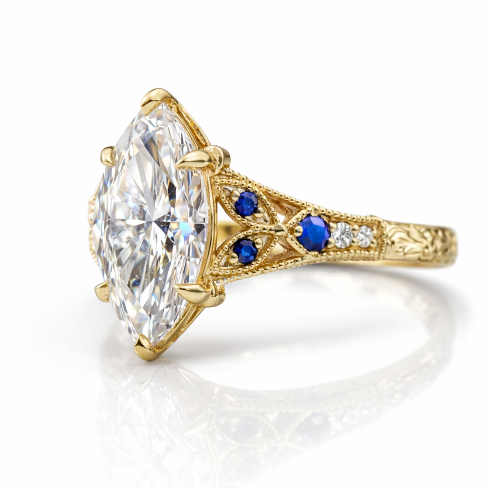 Viola Vintage Ornament Accents (Blue Sapphire and White Round Side Diamonds) Lab Diamond Ring in 18K Gold - Marquise