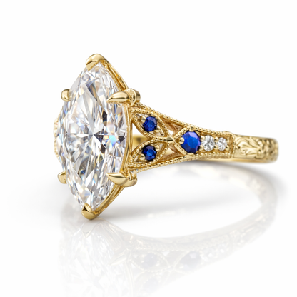 Viola Vintage Ornament Accents (Blue Sapphire and White Round Side Diamonds) Lab Diamond Ring in 18K Gold - Marquise