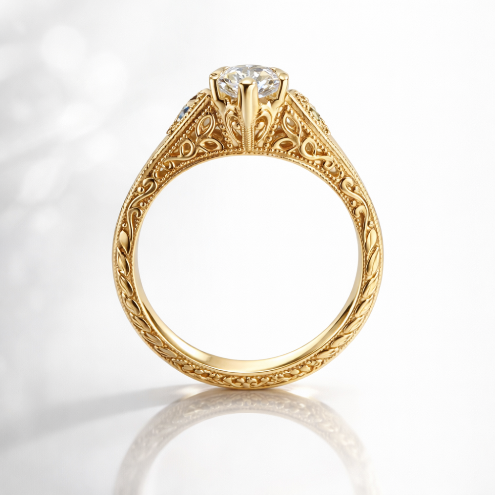 Viola Vintage Ornament Accents (Blue Sapphire and White Round Side Diamonds) Lab Diamond Ring in 18K Gold - Marquise
