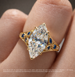 Viola Vintage Ornament Accents (Blue Sapphire and White Round Side Diamonds) Lab Diamond Ring in 18K Gold - Marquise