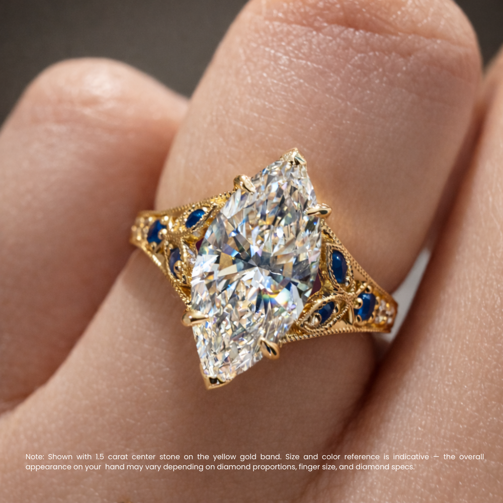 Viola Vintage Ornament Accents (Blue Sapphire and White Round Side Diamonds) Lab Diamond Ring in 18K Gold - Marquise