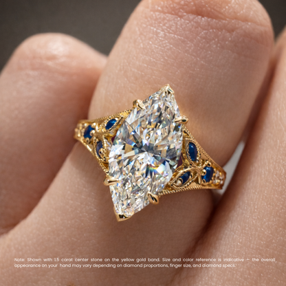 Viola Vintage Ornament Accents (Blue Sapphire and White Round Side Diamonds) Lab Diamond Ring in 18K Gold - Marquise