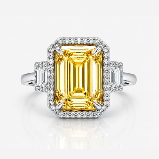 Trilogy (Trapezoid Side Diamonds) Halo Fancy Yellow Emerald Lab Grown Diamond Ring in White Gold 18K