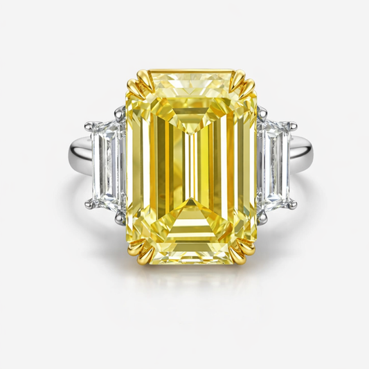 Trilogy Fancy Yellow Emerald (Trapezoid Side Diamonds) Lab Diamond Ring in White Gold 18K