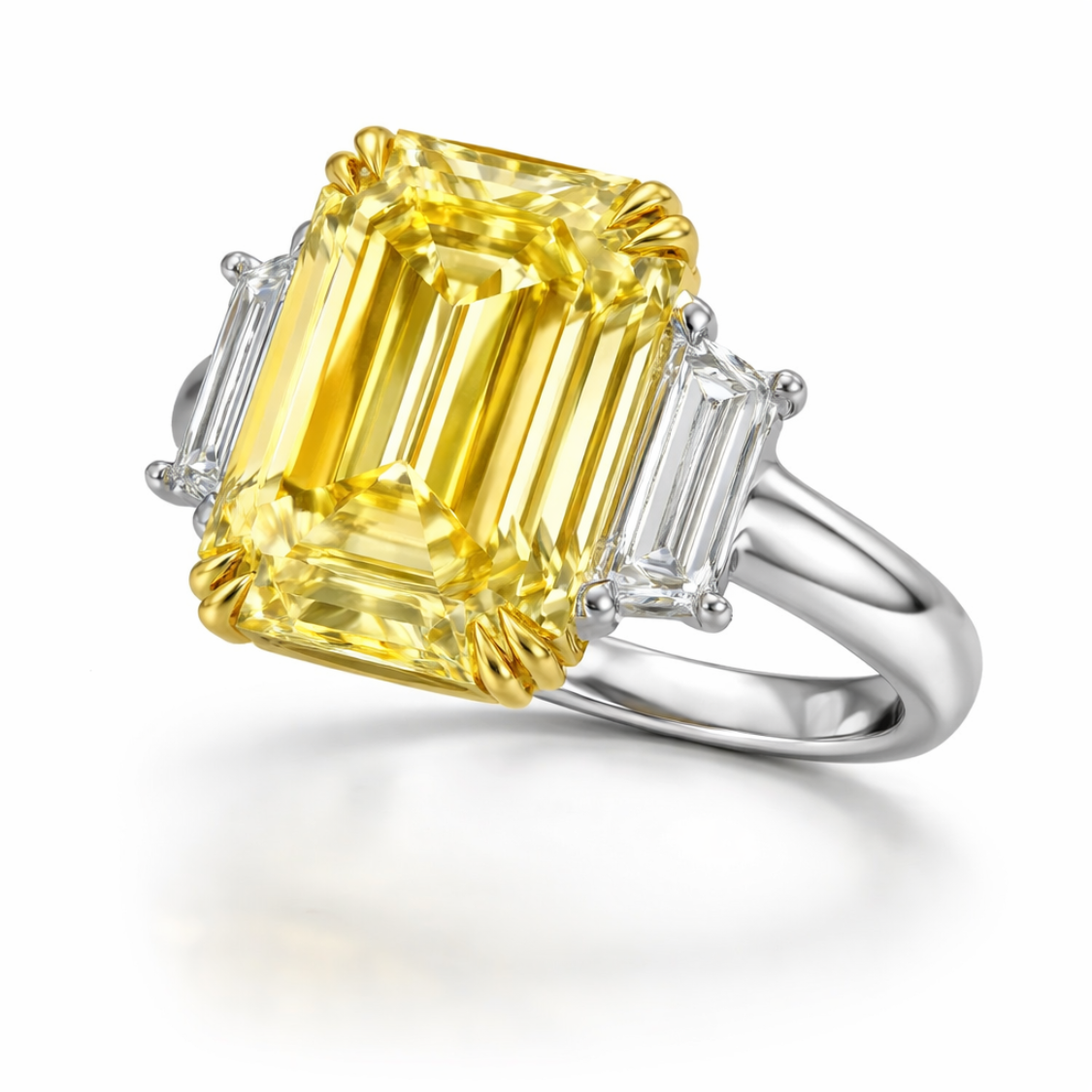 Trilogy Fancy Yellow Emerald (Trapezoid Side Diamonds) Lab Diamond Ring in White Gold 18K