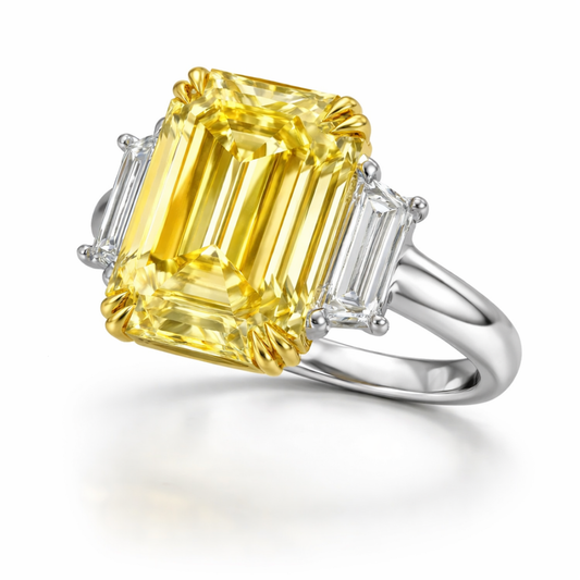 Trilogy Fancy Yellow Emerald (Trapezoid Side Diamonds) Lab Diamond Ring in White Gold 18K