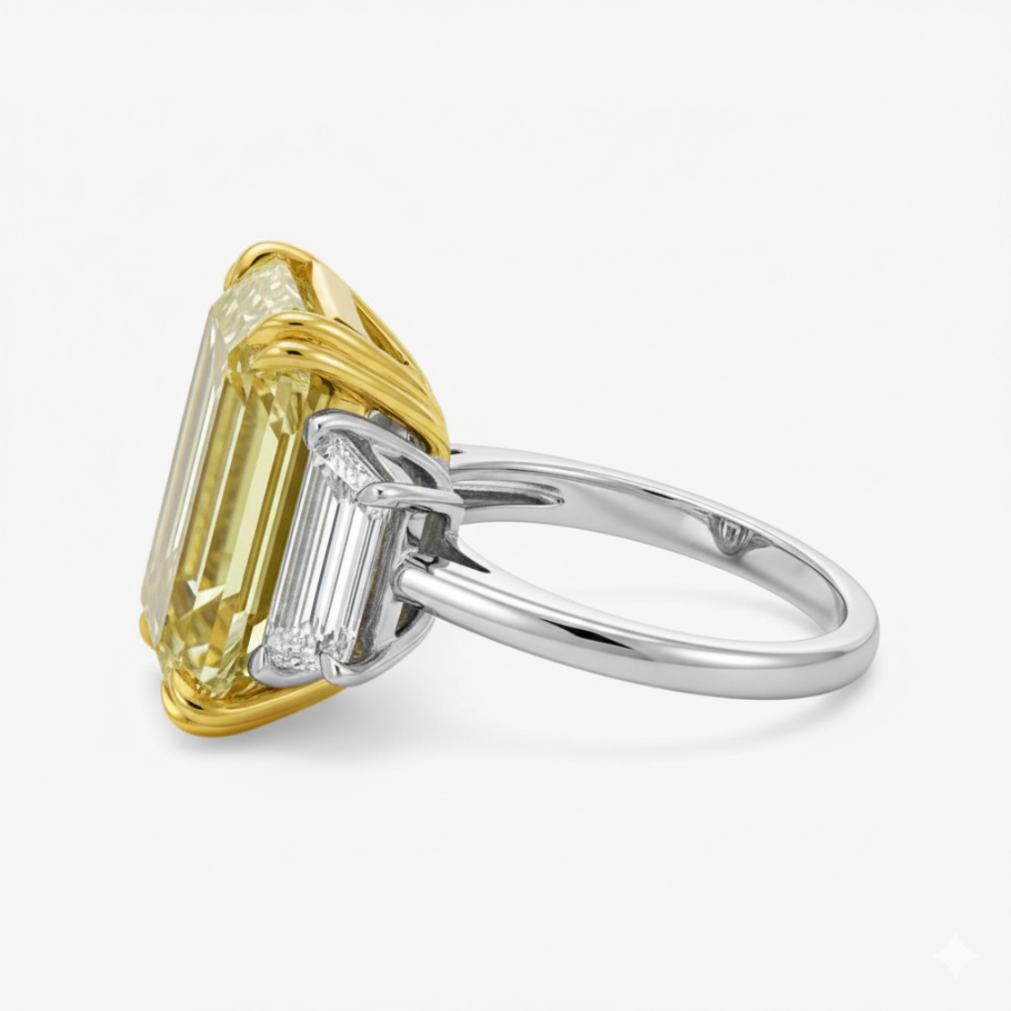 Trilogy Fancy Yellow Emerald (Trapezoid Side Diamonds) Lab Diamond Ring in White Gold 18K