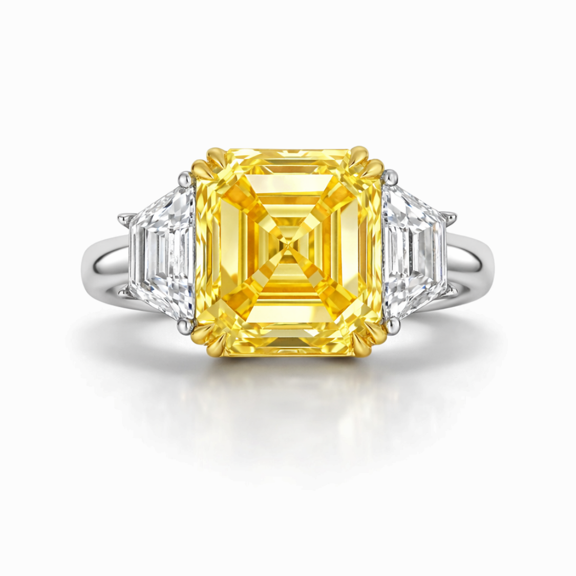 Trilogy Fancy Yellow Asscher (Trapezoid Side Diamonds) Lab Diamond Ring in White Gold 18K