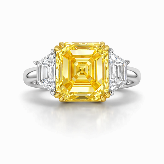 Trilogy Fancy Yellow Asscher (Trapezoid Side Diamonds) Lab Diamond Ring in White Gold 18K