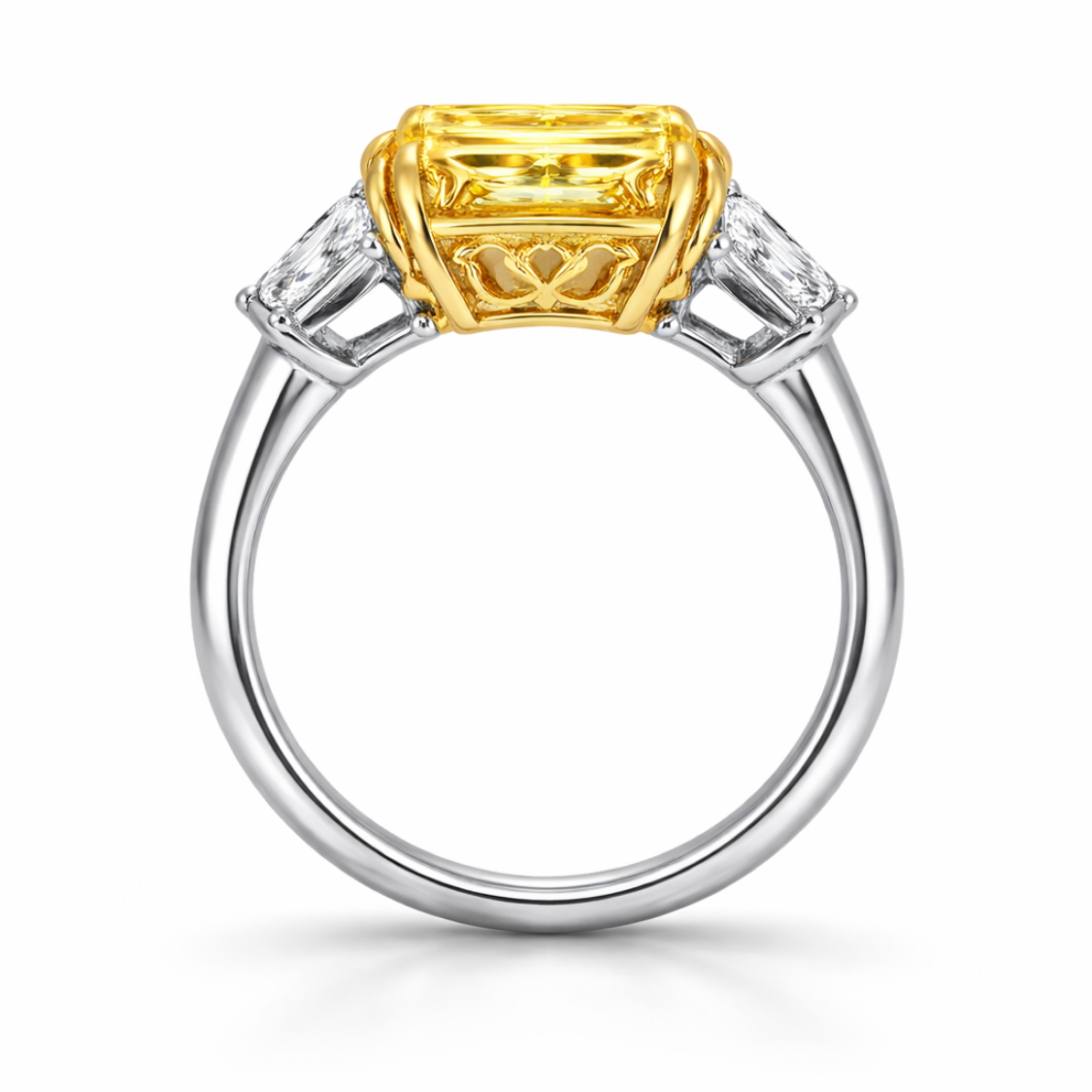 Trilogy Fancy Yellow Asscher (Trapezoid Side Diamonds) Lab Diamond Ring in White Gold 18K