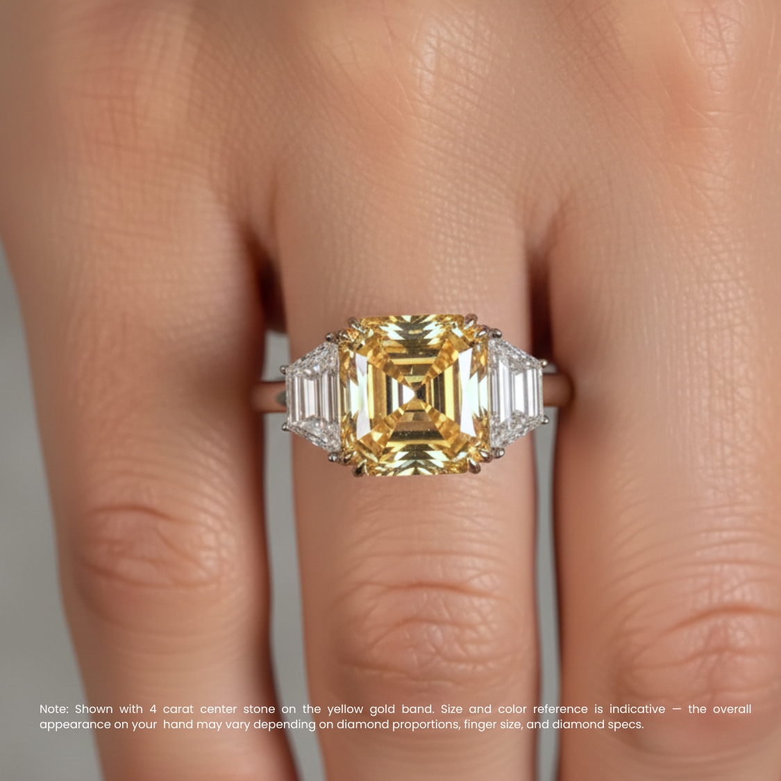 Trilogy Fancy Yellow Asscher (Trapezoid Side Diamonds) Lab Diamond Ring in White Gold 18K
