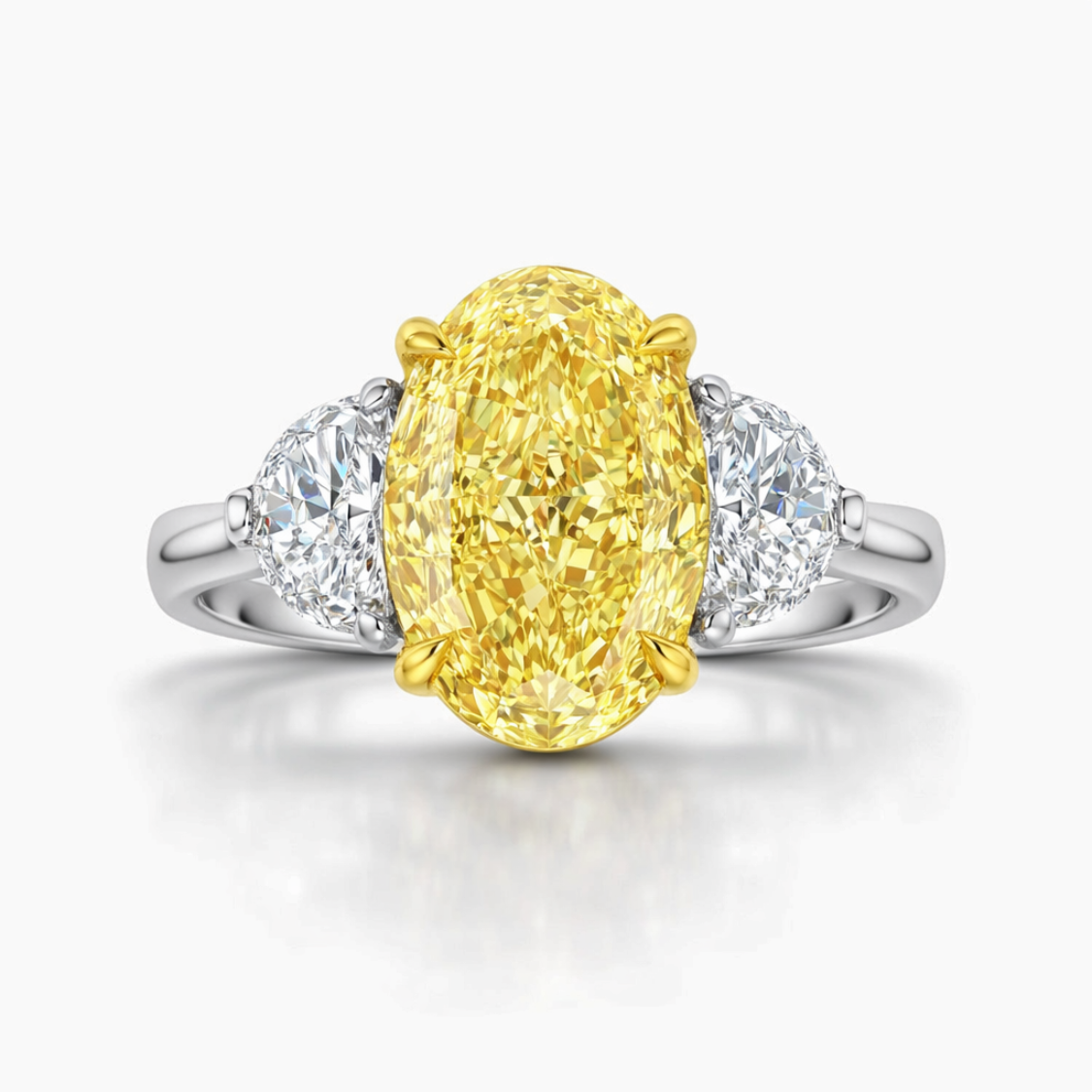 Trilogy Fancy Yellow Oval (Half-Moon Side Diamonds) Lab Diamond Ring in White Gold 18K