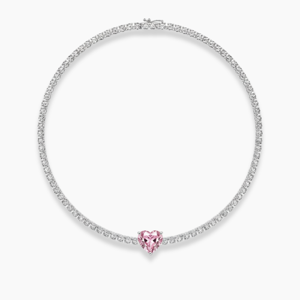 Pink Heart Tennis Lab Diamond ( 18 ct. tw. ) Chocker Necklace (14 in.) 18K White Gold