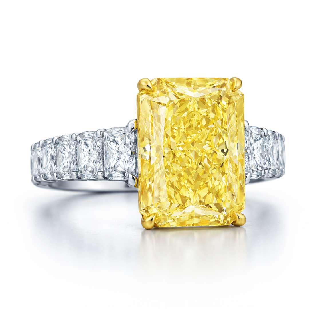 Shamsa Fancy Yellow Radiant on a Graduating Radiant Eternity Band Lab Diamond Ring in White Gold 18K