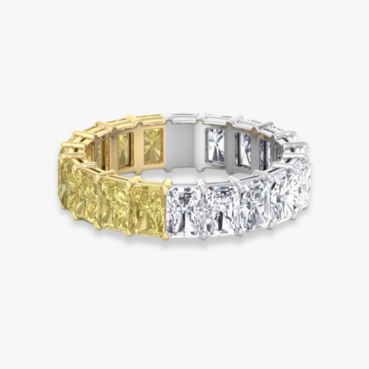 Fancy Yellow Eternity Radiant Lab Grown Diamond Band Ring Mixed Yellow and White 18K Gold
